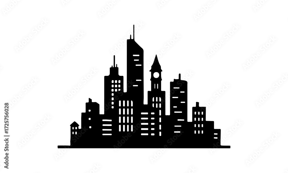 Fototapeta premium Silhouette of urban buildings in detailed vector illustration design created on a clean white background.