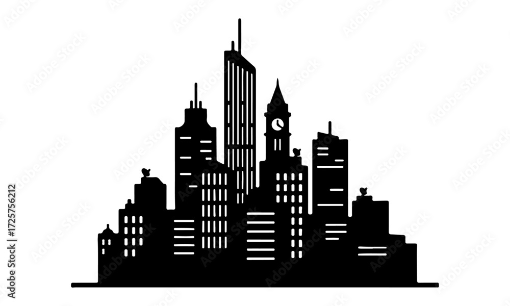 Fototapeta premium Silhouette of urban buildings in detailed vector illustration design created on a clean white background.
