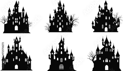Haunted castle silhouettes, spooky building designs with towers and trees, black and white vector illustration, Halloween, gothic architecture, fantasy, eerie mood