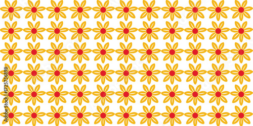 Repeating Floral Pattern of Golden Yellow Daisy Flowers with Red Centers on White Background