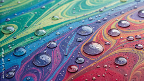 Vibrant marbling artwork featuring flowing rainbow colors with delicate water droplets for a modern and artistic background design.
