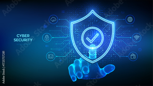 Security shield. Cyber security. Protection shield with Check mark icon. Cyber data protection. Information privacy idea. Hand touching digital interface. Circuit board pattern. Vector illustration.