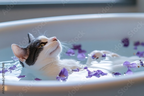 Playful cat relaxing in lavender petal bath