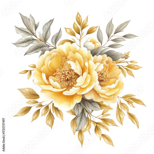 A beautiful arrangement of golden peonies surrounded by delicate green leaves. creating an elegant floral composition. perfect for wedding invitations or home decor