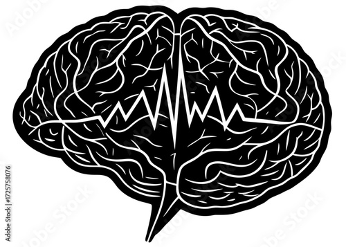 Brain with Heartbeat Silhouette, Mental Wellness Care SVG, PNG