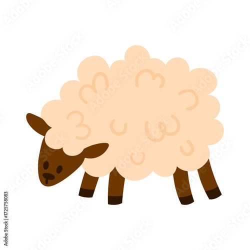 Fluffy sheep with curly wool and head lowered as if grazing. Simple flat style, isolated on white. Great for farm, livestock, and nursery projects