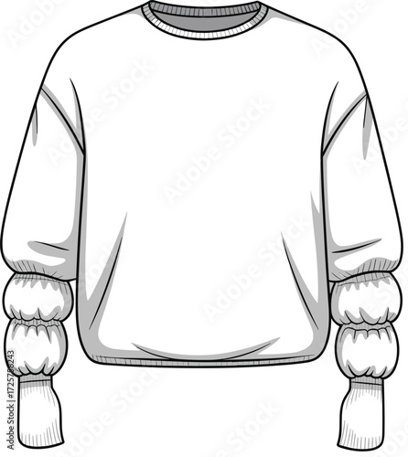 Digital illustration of long sleeve sweater with round neckline, puffed lower sleeves, ribbed cuffs, relaxed fit, fashion sketch, garment design