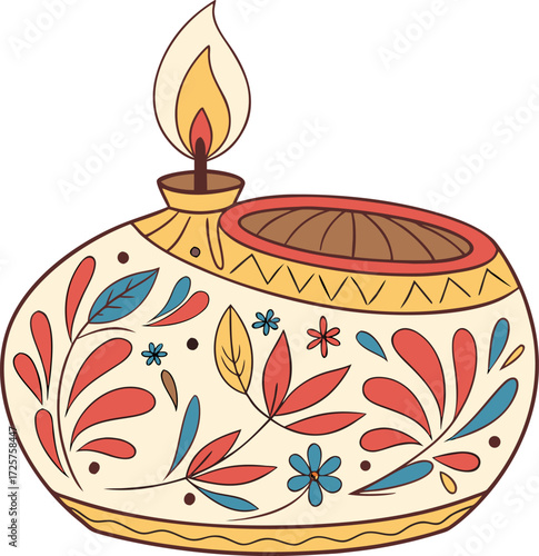 Hand-Painted Clay Diya Lamp with Vibrant Floral Art Vector Illustration, Minimal Line Drawing of Traditional Diya Lamp, Hand Drawn Decorative Oil Lamp Outline, Cultural Festival Diya Lamp Line Art 