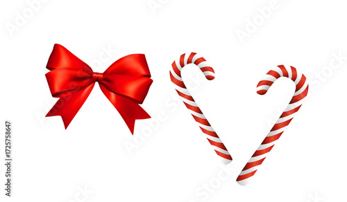 Red and white striped candy cane with a red shiny bow designed on white background,illustration work
