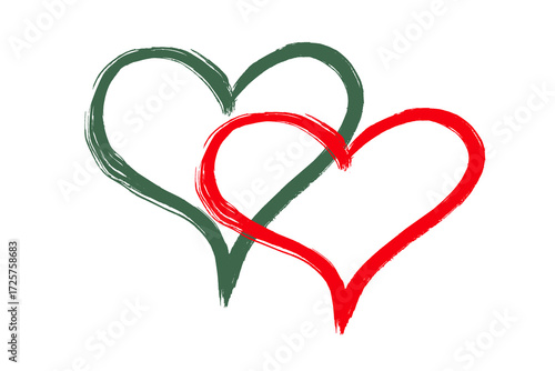 Hand drawing red and green colored hollow heart isolated on white background,flat illustration work