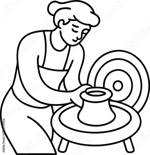 Line Art of Pottery Wheel with Artisan Shaping Clay Vector Illustration, Minimal Line Drawing of Potter Working on Clay Wheel, Hand Drawn Ceramic Making Craft Outline, Traditional Artisan Pottery Line