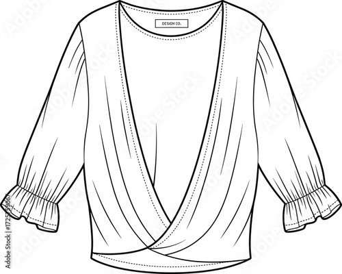 Technical fashion sketch of wrap blouse with deep V-neckline, puff sleeves, elastic cuffs, garment design, stylish clothing illustration