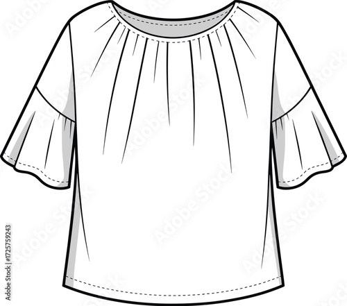 Women's flutter sleeve blouse flat sketch, gathered neckline top illustration, fashion technical drawing for stylish clothing and apparel design template
