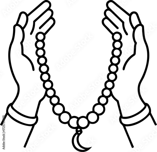 Line Art of Two Hands Holding Tasbih Beads Shaped Like Islamic Prayer Vector Illustration, Minimal Line Drawing of Hands with Prayer Beads, Hand Drawn Tasbih Beads Held in Hands Outline