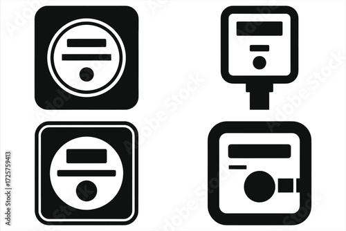 Collection of Black and White Utility Meter Box Icons, Water Gas Electricity Meters Vector Set, Minimalist Meter Panel Illustrations for Industrial, Residential, and Commercial Design Projects