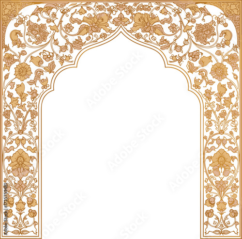 Ornate floral archway with gold vine patterns, Mughal-inspired architecture, symmetrical design, cultural heritage, traditional motif, decorative vector, elegance, illustration