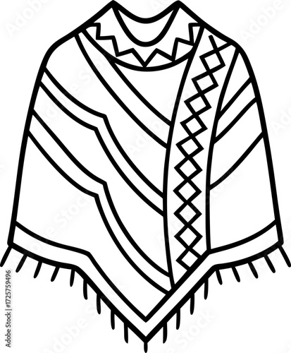 Line Drawing of Folded Tribal Shawl with Patterns Vector Illustration, Minimal Line Art of Traditional Tribal Shawl, Hand Drawn Ethnic Shawl with Decorative Patterns Outline, Cultural Textile Shawl 