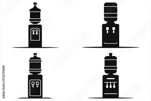 Set of Black and White Water Dispenser Icons, Hot and Cold Water Cooler Vector Illustrations, Minimalist Office and Home Water Dispenser Graphics for Commercial and Personal Use