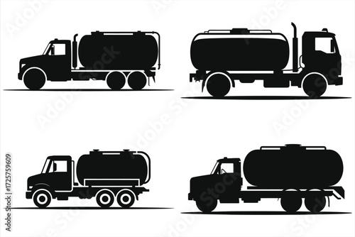 Water Delivery Truck Icons - Black & White Set, Tanker Vehicle, Liquid Transport, Vector Illustration, Water Supply Logistics