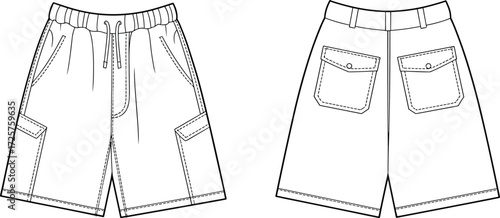 Blank cargo shorts front and back view, fashion flat sketch, vector illustration template for apparel design, casual clothing, pocket shorts mockup