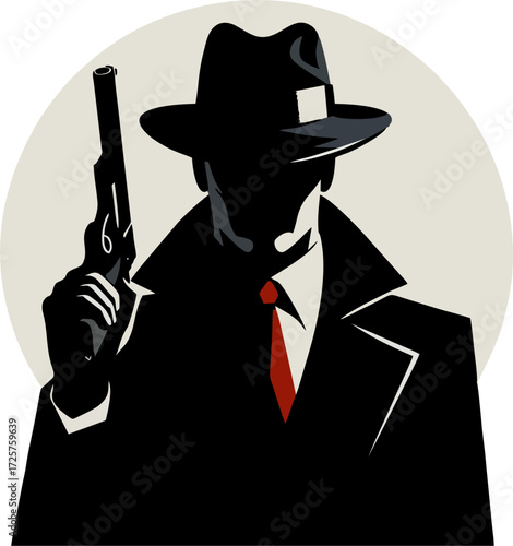 Noir Mafia Gangster Silhouette Vector – Man in Fedora and Red Tie with Pistol Against Dramatic Moon Background