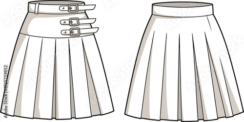 Fashion flat sketch pleated skirt with buckle belt front and back view, vector template design for women clothing apparel illustration