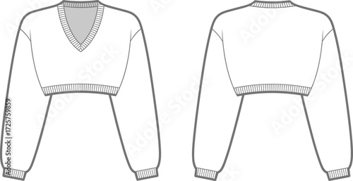 Fashion flat sketch of women cropped V-neck sweater, long sleeve casual pullover design, front and back view clothing template