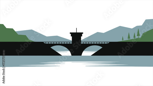 Water Reservoir Inlet Landscape Vector Illustration: Black Silhouette of Arched Bridge with Central Tower Over Calm Lake, Mountainous Background, Trees, Clouds, and Sunset - High-Quality Scenic 