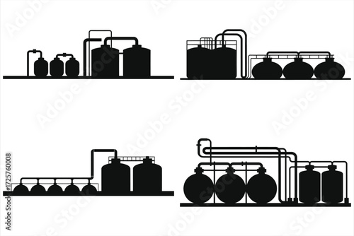 Water Treatment Plant Diagram - Industrial Water Filtration System, Water Purification, Black and White Vector Illustration