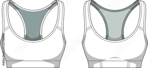Sports bra fashion illustration, front and back view, activewear crop top design template, fitness clothing for women workout and training
