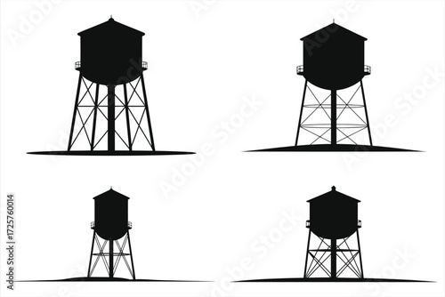 Water Tower Illustration - Industrial Water Storage, Elevated Water Tank, Black and White Vector, Utility Structure, Engineering Drawing
