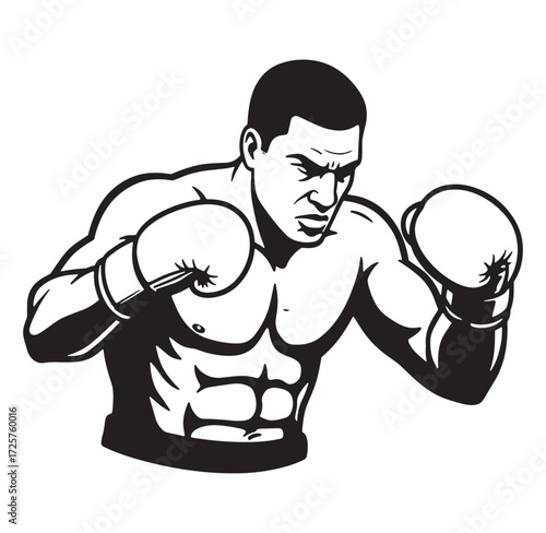 Black and white illustration of a confident boxer in an aggressive punching pose