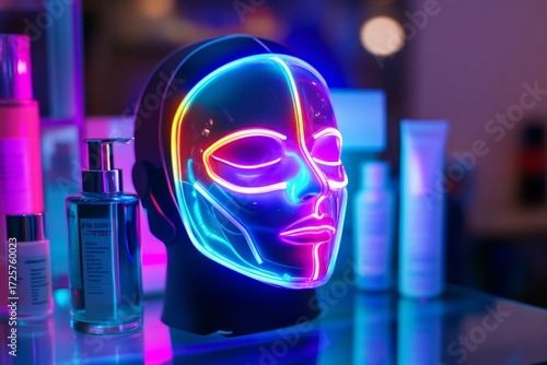 Futuristic neon face mask with skincare products on display