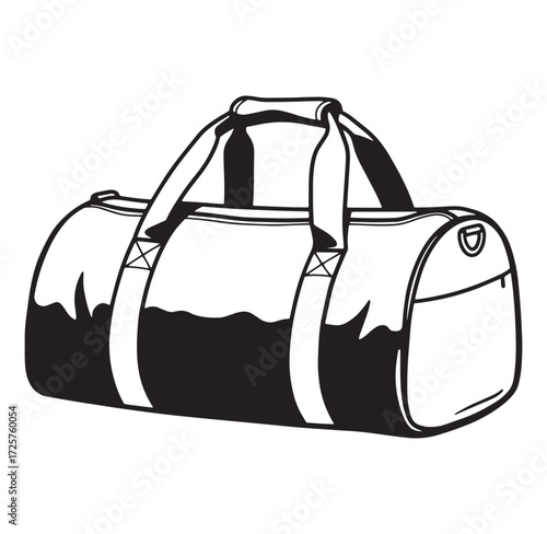 Black and white illustration of a modern sports duffel bag for travel or gym use