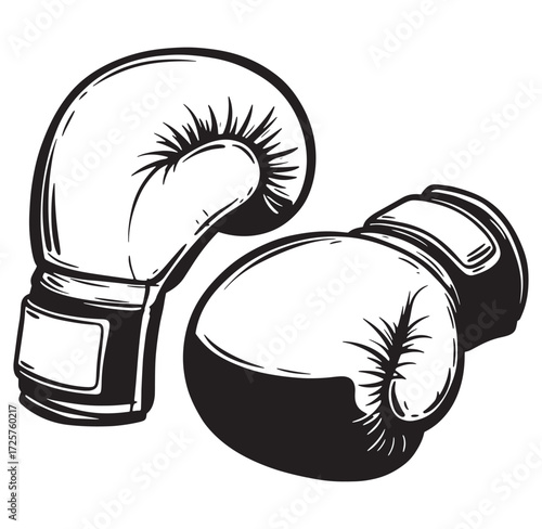 Black and white illustration of two classic boxing gloves isolated on white background