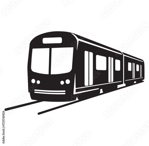 Black and white vector illustration of a modern subway train in motion on tracks