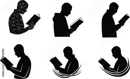 Reading silhouette profiles, artistic book poses, black and white vector illustration, side view designs, mindfulness, education, quiet moment, expressive style