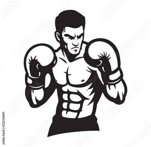 Bold black and white illustration of a muscular boxer in defensive fighting stance