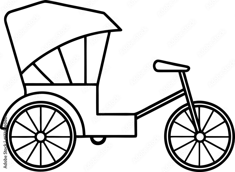 Fototapeta premium Minimal line drawing of rickshaw isolated vector, Traditional urban transport illustration, Black rickshaw silhouette, Heritage vehicle vector artwork