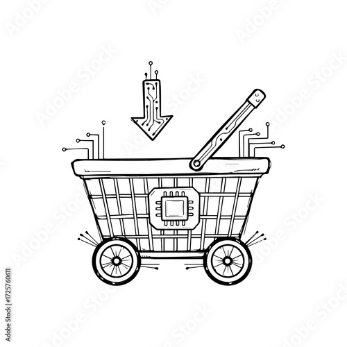 Smart shopping cart — cyber shopping and digital chip. Linear icon on a white background