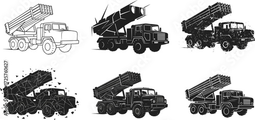 Rocket launcher truck illustrations—stylized, geometric, textured, abstract, detailed—black and white vector artwork, military, vehicle, combat, defense, artillery, power