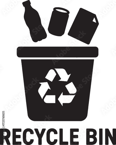 Black silhouette of a recycle bin with discarded items and recycling symbol easy to use