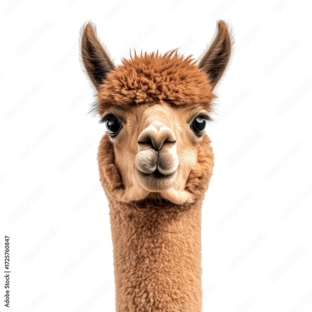 Obraz premium A close-up portrait of a curious alpaca with soft fur and expressive eyes. set against a plain white background. perfect for animal-themed content or educational materials