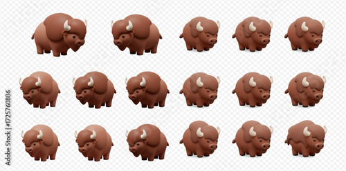Multiple cute 3D rendered brown bison figures with small horns arranged in a grid pattern on a transparent background.