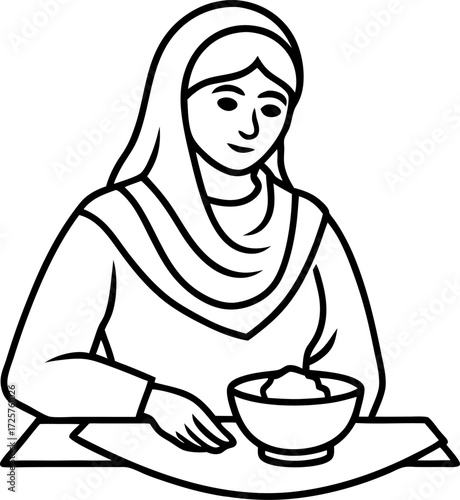 Outline of a woman preparing Iftar food isolated vector, Traditional Ramadan meal preparation illustration, Black silhouette of woman cooking, Heritage cultural festive vector artwork