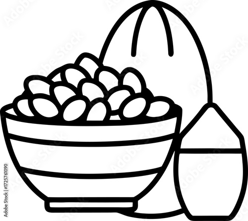 Outline of Iftar basket with dates and flatbread isolated vector, Ramadan food illustration, Black silhouette of Iftar meal basket, Traditional cultural festive vector artwork