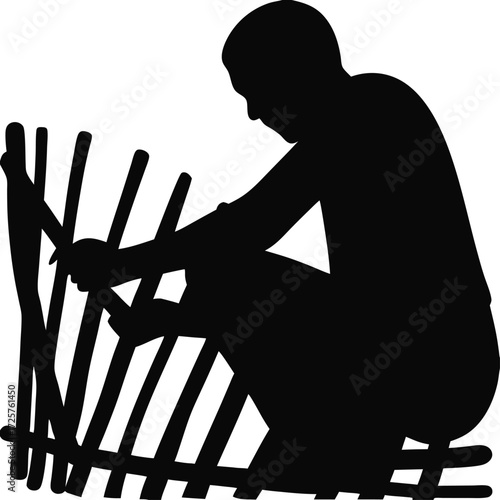 Silhouette of bamboo craftsman weaving basket isolated vector, Traditional bamboo weaving illustration, Black artisan making basket silhouette, Heritage folk craft vector artwork