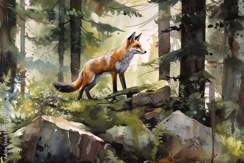 Watercolor painting depicts a red fox standing gracefully on mossy rocks in a forest.