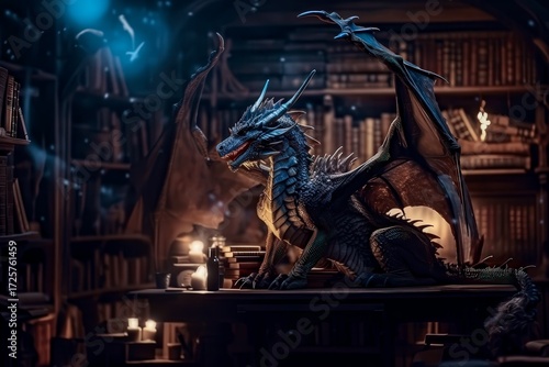 A majestic blue dragon perches on a table amidst a magical library.