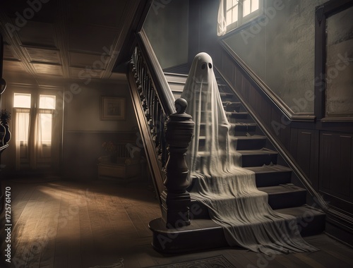 Sheet ghost figure standing eerily on an old wooden staircase in atmospheric house.